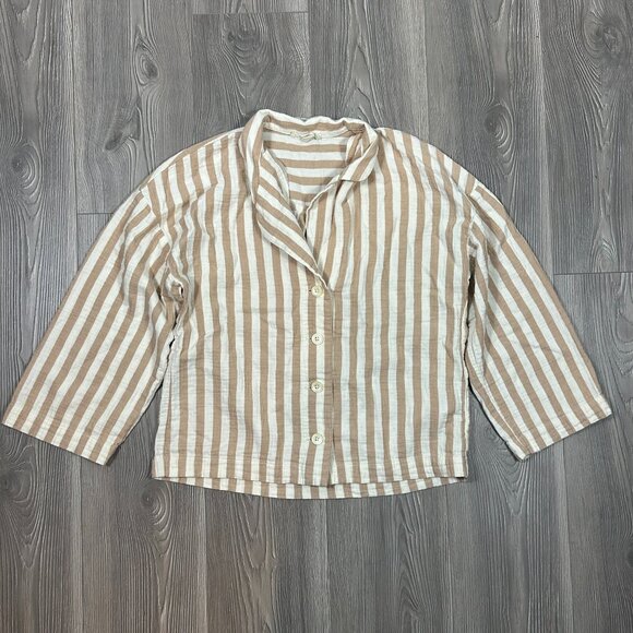 Madewell Tan White Striped Button Down Shirt Women’s L - Picture 1 of 6